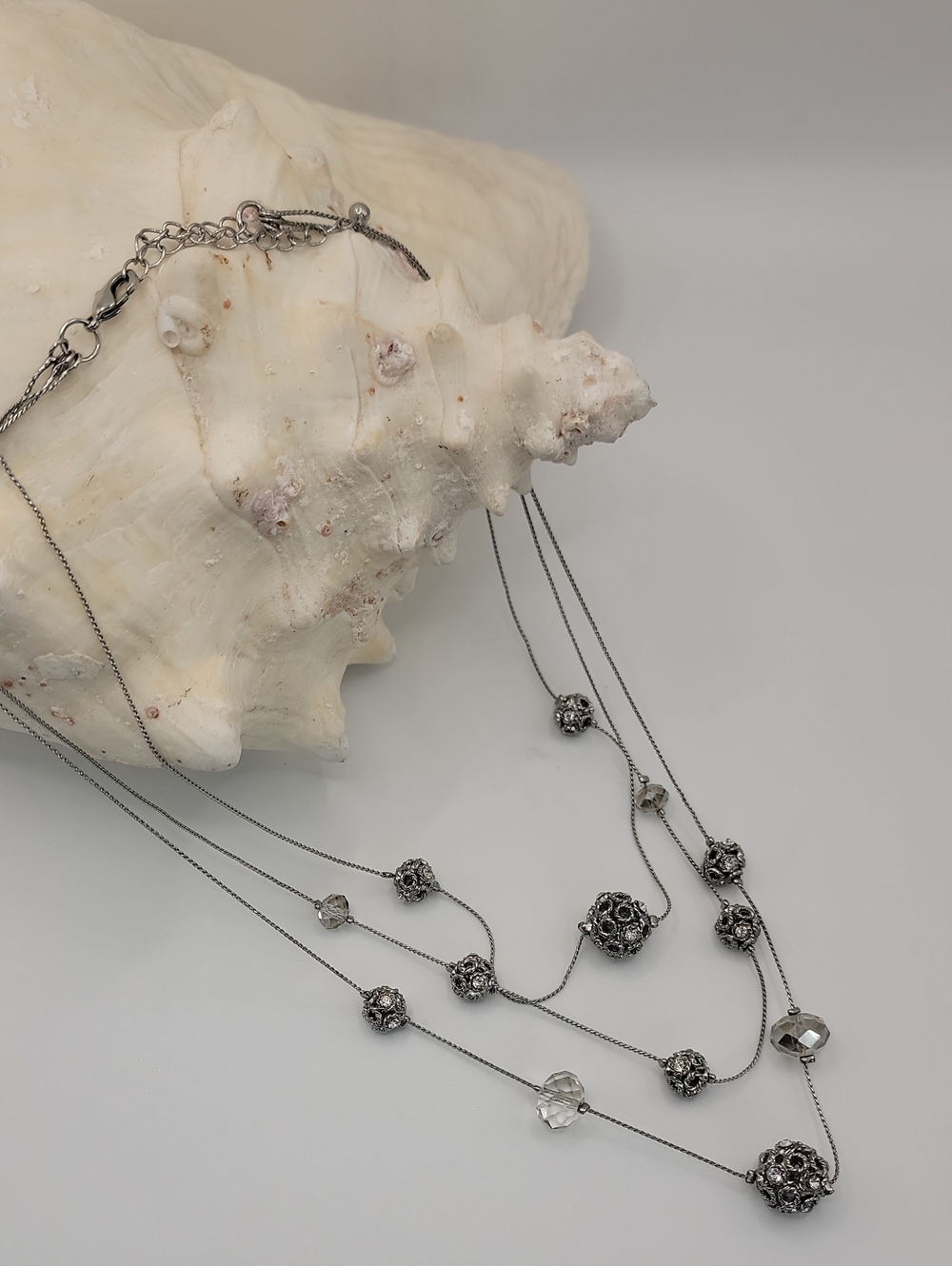 Multi-Strand Layered Crystal Ball Necklace - Silvertone 18" - 24"